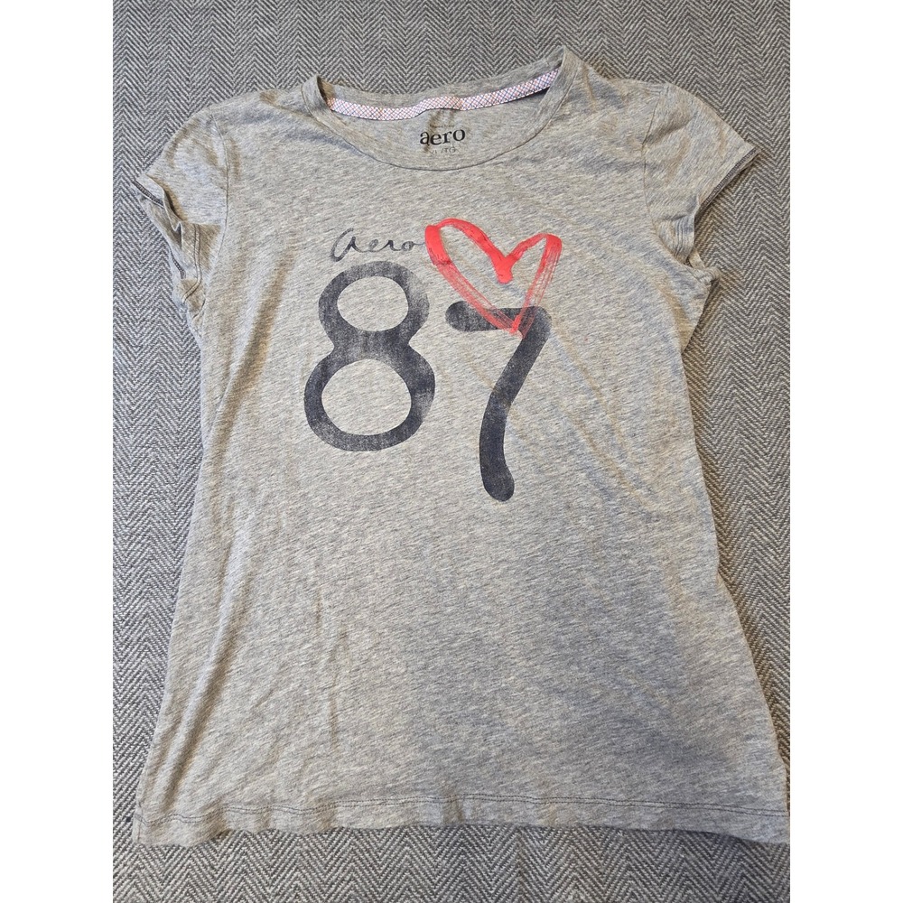 Aeropostale T-Shirt Women's XL Gray Heather Graphic Print Cap Sleeve Crew Neck